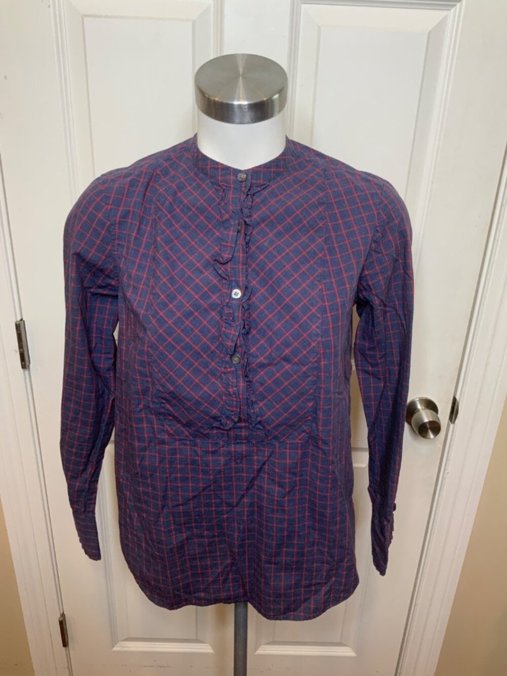 J. Crew Blue Red Check Ruffle Pop-over Blouse, Size 0